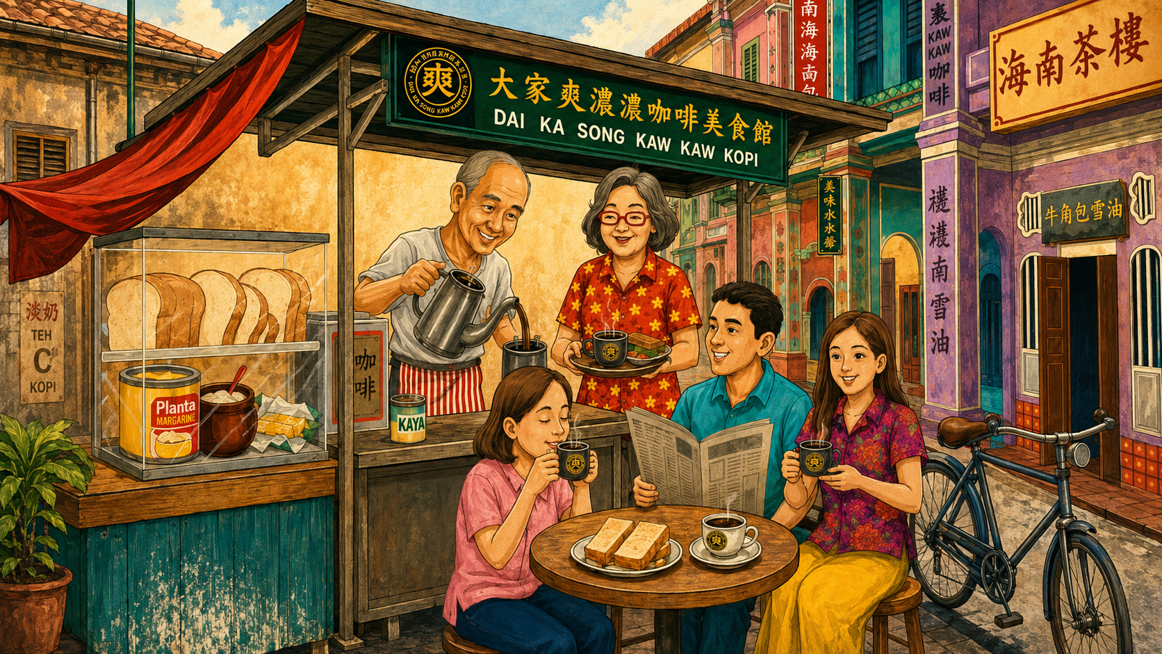 A nostalgic illustration of DKS Kaw Kaw Kopi serving coffee to a family