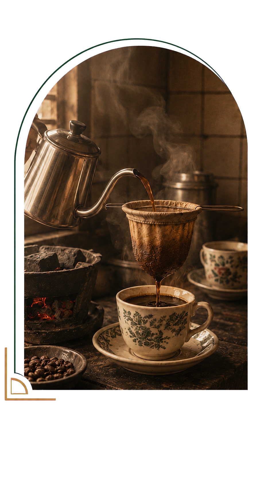 Traditional Nanyang coffee being brewed with a charcoal stove, coffee sock and enamel cup